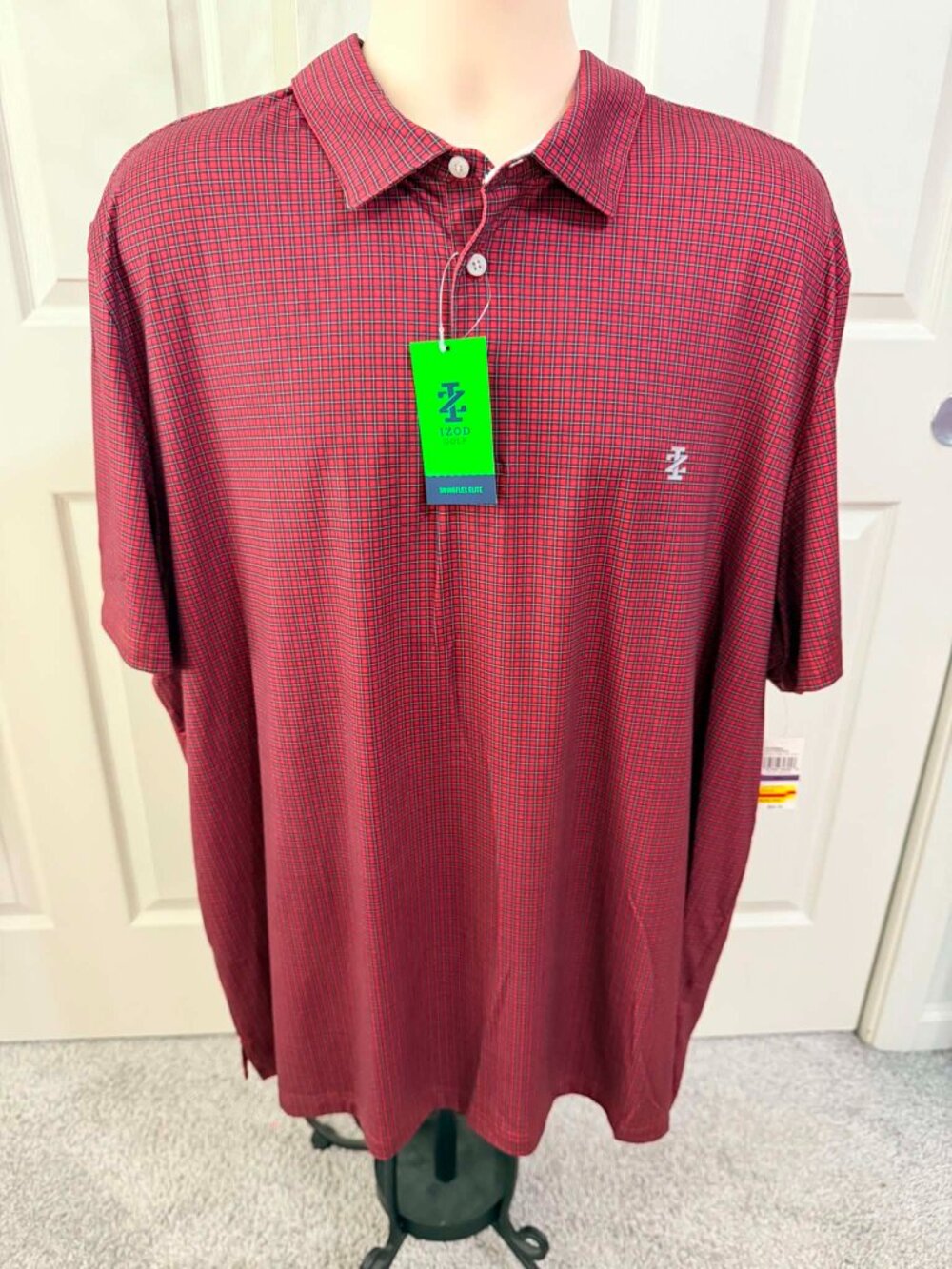 Men's Brand New IZOD Golf Red & Black Small Checkered, Short-Sleeved Polo Top